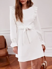 SHEIN Frenchy Ruffle Trim Flounce Sleeve Belted Dress - White - View 3