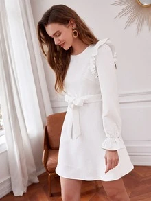 SHEIN Frenchy Ruffle Trim Flounce Sleeve Belted Dress - White - View 4