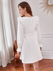 SHEIN Frenchy Ruffle Trim Flounce Sleeve Belted Dress - White - View 5