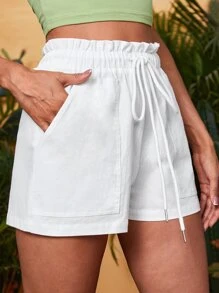 SHEIN EZwear Shorts ribete fruncido de cintura con cordón - Blanco - Ver 4