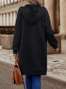 SHEIN LUNE Zip Up Drawstring Hoodie - Black - View 2