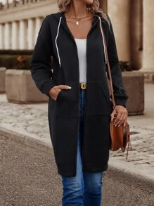 SHEIN LUNE Zip Up Drawstring Hoodie - Black - View 4