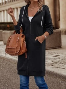 SHEIN LUNE Zip Up Drawstring Hoodie - Black - View 6