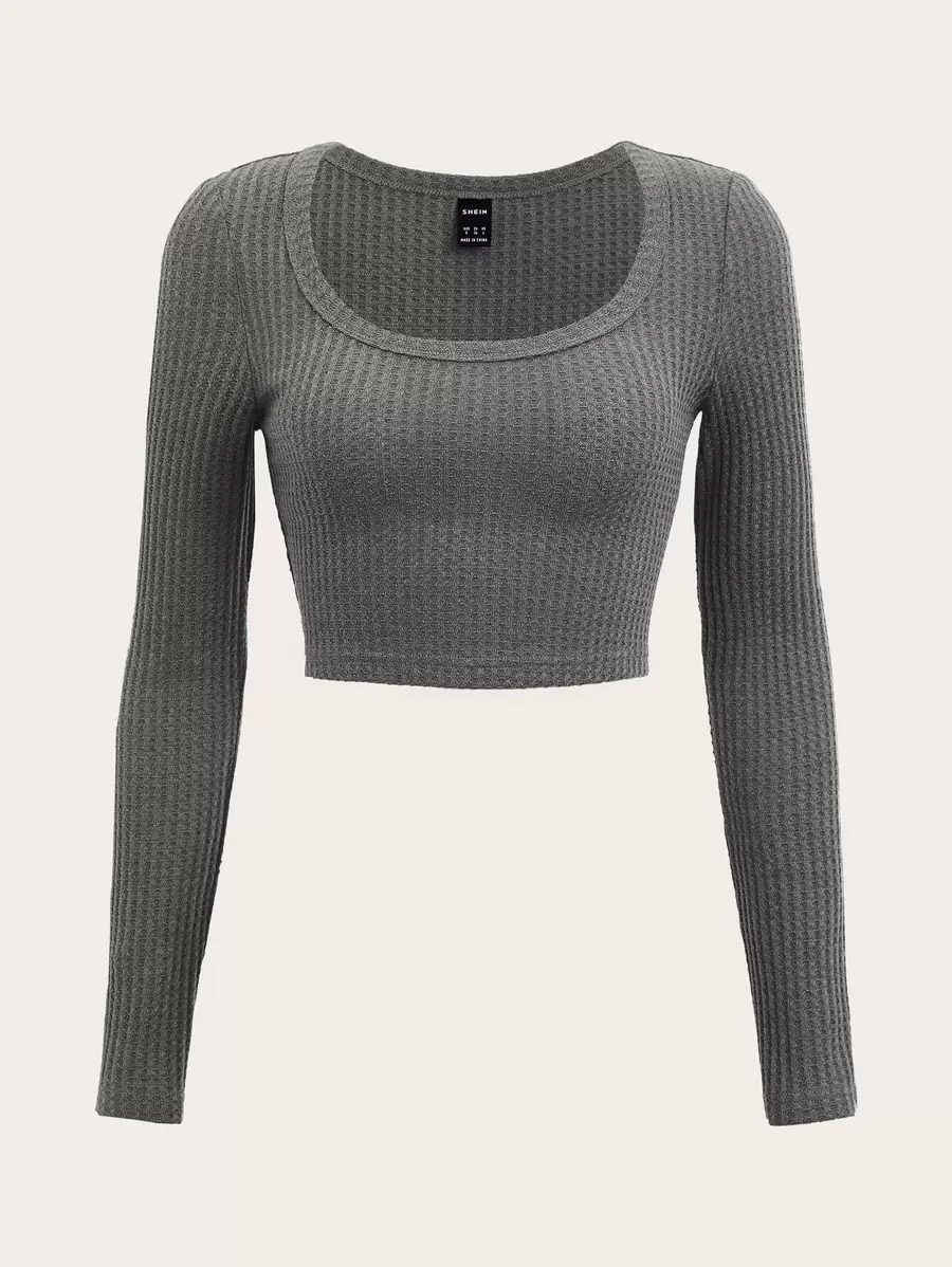 SHEIN EZwear Scoop Neck Rib-knit Crop Tee - Dark Grey - View 1