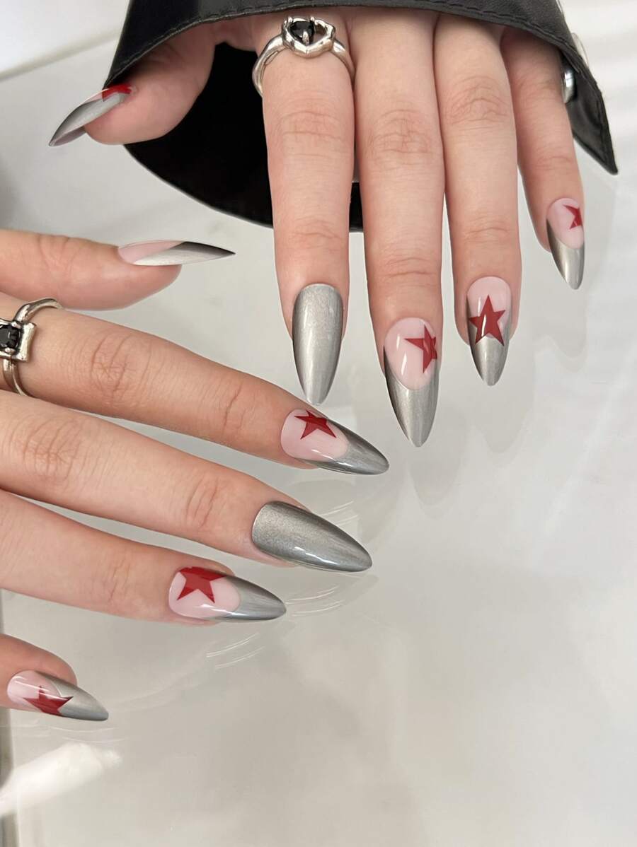 24 cái Dài Almond Star Pattern Fake Nail & 1pc Nail File & 1sheet Tape - Nhiều màu - Xem 1