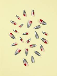 24 cái Dài Almond Star Pattern Fake Nail & 1pc Nail File & 1sheet Tape - Nhiều màu - Xem 4