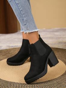 Botas Chelsea negras elegantes de un solo color con cremallera lateral, tacón grueso y, para combinar con ropa de otoño, se pueden usar con pantalones