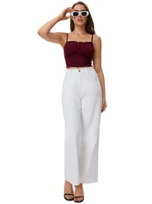 Muchica Frill Trim Ruched Front Rib-knit Cami Top