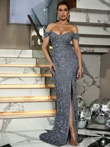 LOVE&LEMONADE Split Thigh Sequins Formal Gown - Silver - View 1