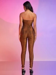 SHEIN BAE Zipper Back Metallic Tube Jumpsuit - Coffee Brown - View 2