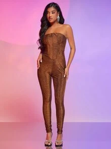 SHEIN BAE Zipper Back Metallic Tube Jumpsuit - Coffee Brown - View 3
