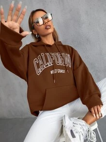 SHEIN Unity 字母圖案抽繩連帽衫 - 咖啡棕 - 查看 4
