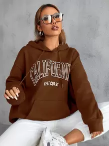 SHEIN Unity 字母圖案抽繩連帽衫 - 咖啡棕 - 查看 5