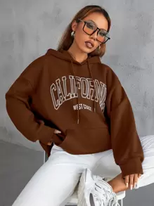 SHEIN Unity 字母圖案抽繩連帽衫 - 咖啡棕 - 查看 6