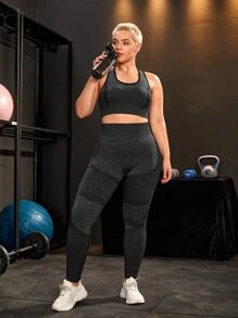 SHEIN Yoga Basic Bộ thể thao Plus Size Tương phản ràng buộc màu trơn - Màu xám đen - Xem 3