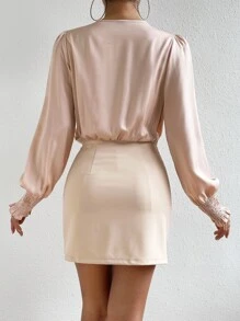 Chiquease Surplice Neck Lantern Sleeve Asymmetrical Hem 2 In 1 Dress - Apricot - View 4