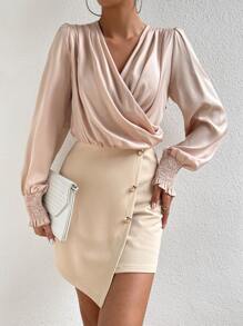 Chiquease Surplice Neck Lantern Sleeve Asymmetrical Hem 2 In 1 Dress - Apricot - View 2