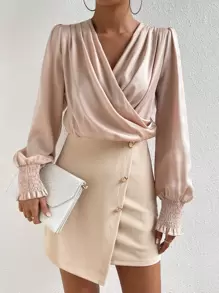 Chiquease Surplice Neck Lantern Sleeve Asymmetrical Hem 2 In 1 Dress - Apricot - View 1