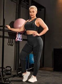 SHEIN Yoga Basic Bộ thể thao Plus Size Tương phản ràng buộc màu trơn - Màu xám đen - Xem 6