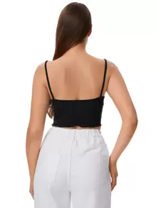 SHEIN EZwear Frill Trim Ruched Front Rib-knit Cami Top