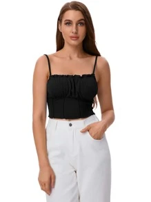 SHEIN EZwear Frill Trim Ruched Front Rib-knit Cami Top