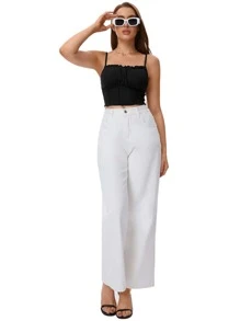 SHEIN EZwear Frill Trim Ruched Front Rib-knit Cami Top