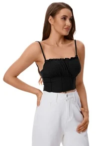SHEIN EZwear Frill Trim Ruched Front Rib-knit Cami Top