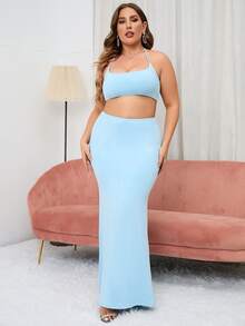 PARTHEA Plus Tie Backless Maxi Halter Dress - Baby Blue - View 4