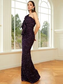Missord One Shoulder Sequin Formal Dress - Purple - View 4