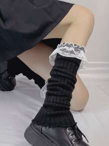 Lace Trim Leg Warmers - Black - View 3