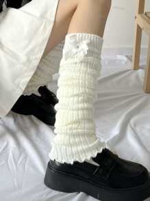 Bow Decor Leg Warmers - White - View 1