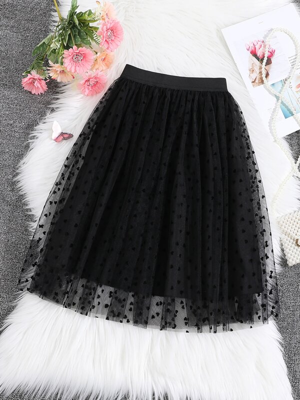 SHEIN Tween Girl Polka Dot Mesh Flare Skirt