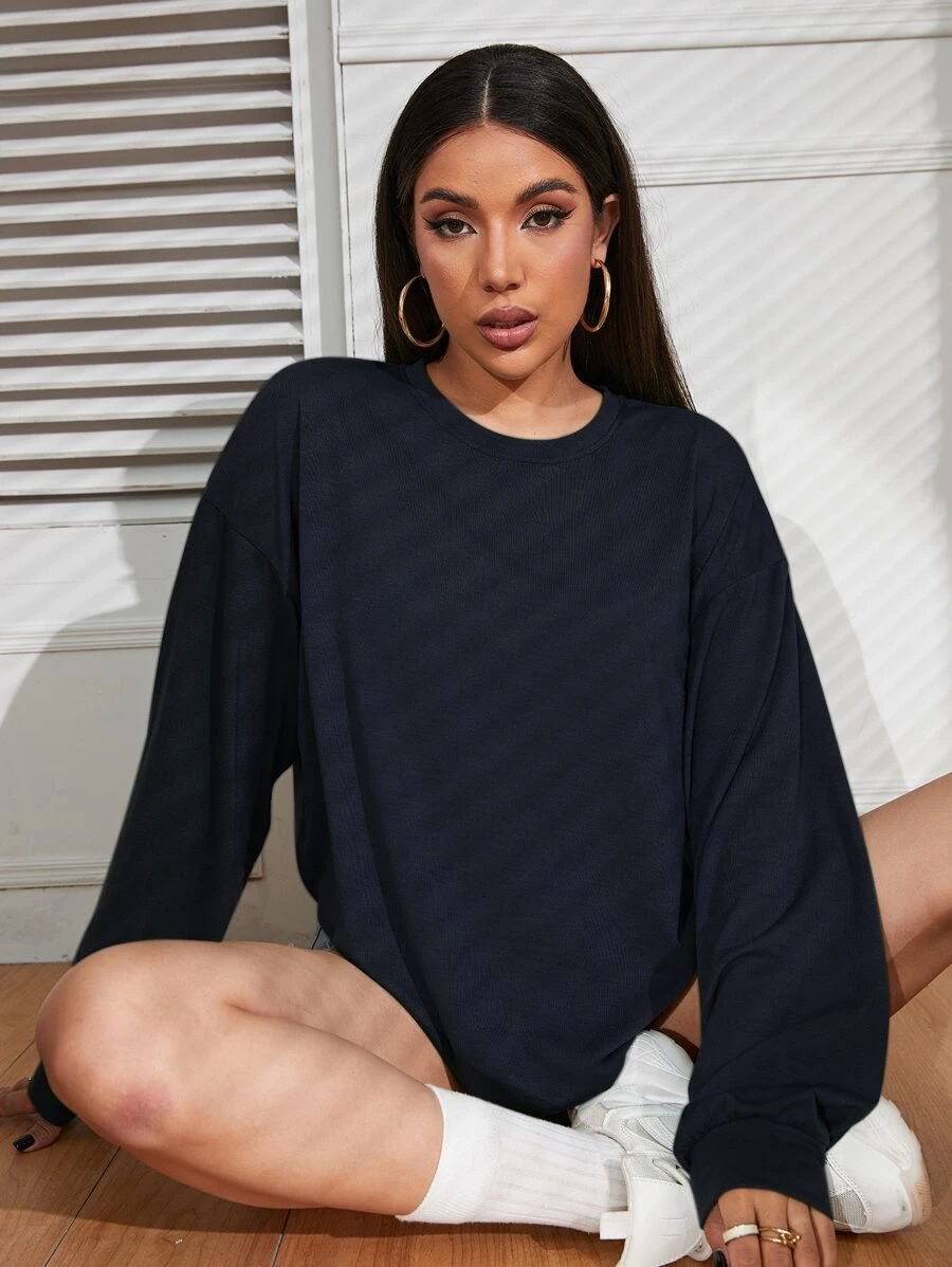 INAWLY Drop Shoulder Oversized Solid Tee, Unisex Fall Cloth For Women - Navy Blue - View 1