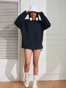 INAWLY Drop Shoulder Oversized Solid Tee, Unisex Fall Cloth For Women - Navy Blue - View 3