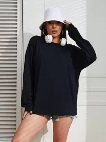 INAWLY Drop Shoulder Oversized Solid Tee, Unisex Fall Cloth For Women - Navy Blue - View 4