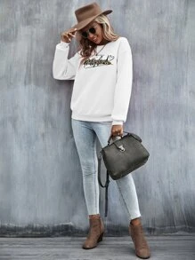 SHEIN LUNE Heart & Letter Graphic Thermal Pullover - White - View 6