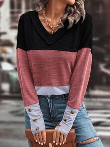 SHEIN LUNE 拼色落肩 T 恤 图案 T 恤 女式上衣 - 紅木色 - 查看 3