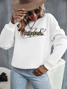 SHEIN LUNE Heart & Letter Graphic Thermal Pullover - White - View 4
