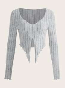 SHEIN ICON 頹廢搖滾前開叉木耳邊短款T恤 - 淺灰色 - 查看 1