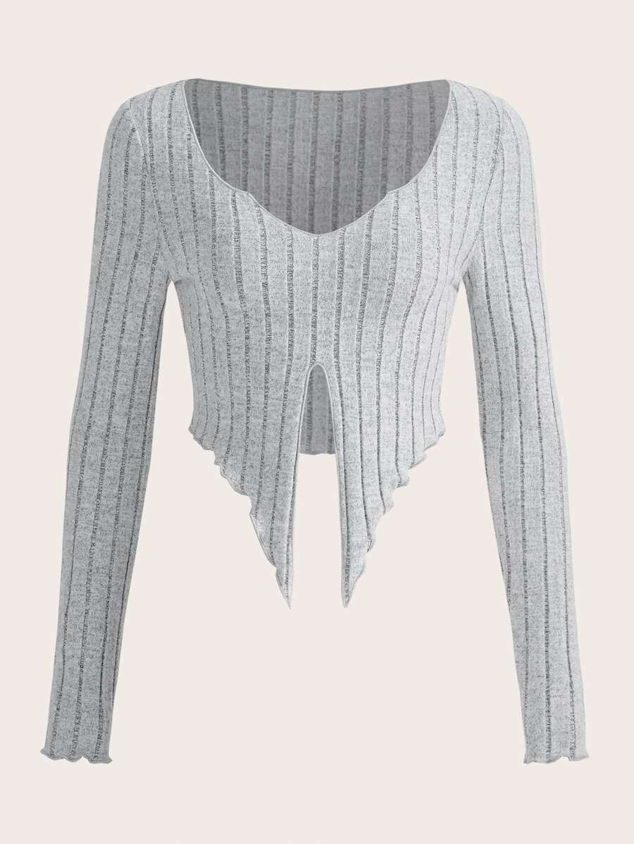 SHEIN ICON 頹廢搖滾前開叉木耳邊短款T恤 - 淺灰色 - 查看 1