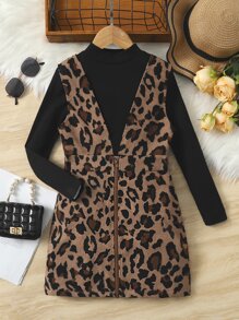 SHEIN Girls Mock Neck Tee & Leopard Print Pinafore Dress - Multicolor - View 1