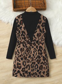 SHEIN Girls Mock Neck Tee & Leopard Print Pinafore Dress - Multicolor - View 2