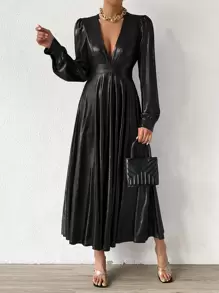 Plunge Neck Puff Sleeve Metallic Dress - Black - View 1