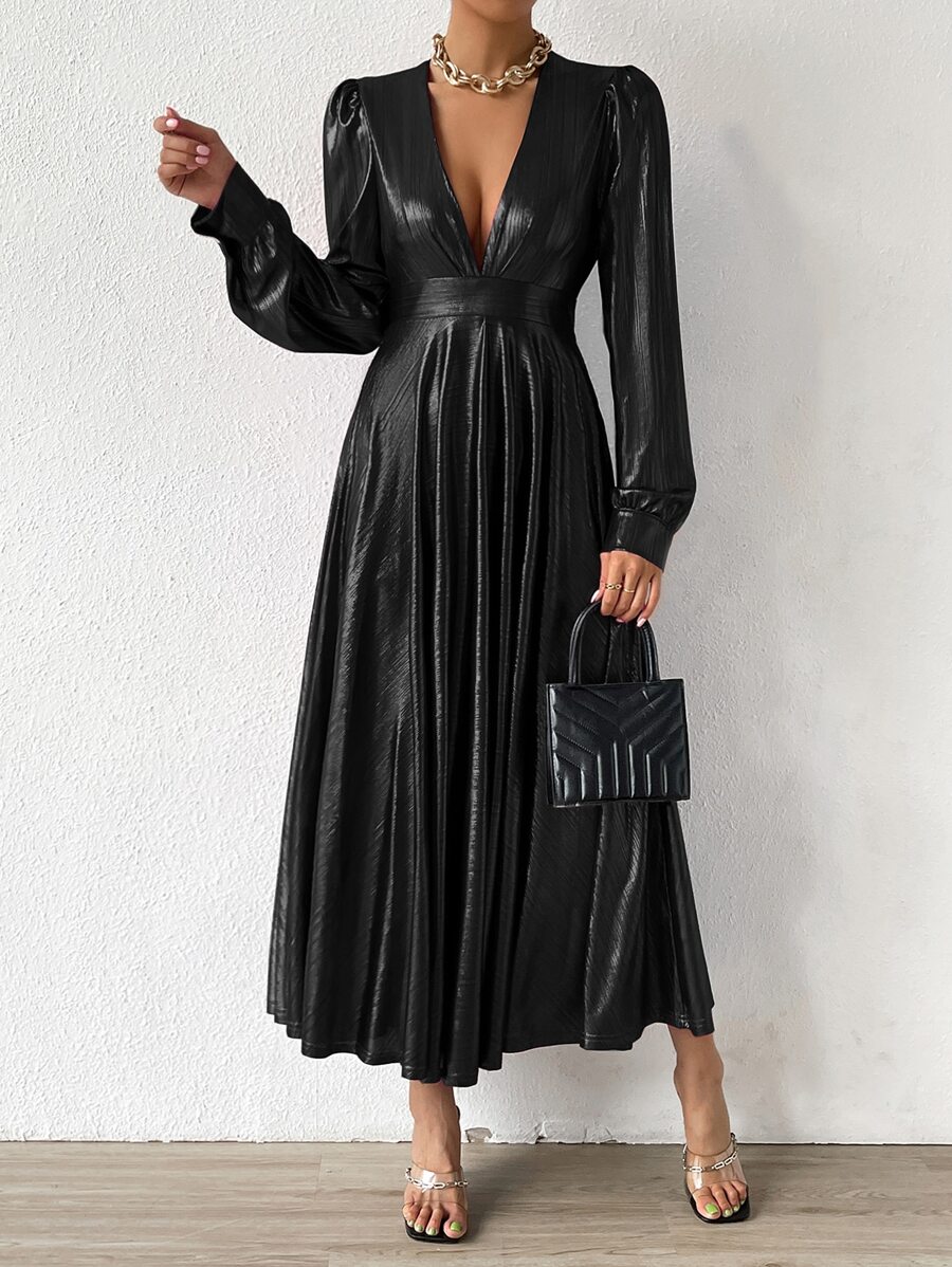 Plunge Neck Puff Sleeve Metallic Dress - Black - View 1