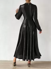 Plunge Neck Puff Sleeve Metallic Dress - Black - View 2