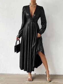 Plunge Neck Puff Sleeve Metallic Dress - Black - View 3