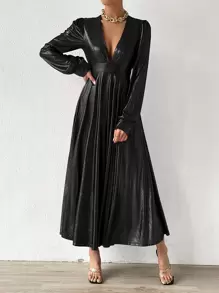Plunge Neck Puff Sleeve Metallic Dress - Black - View 5