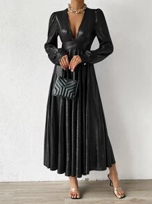 Plunge Neck Puff Sleeve Metallic Dress - Black - View 6