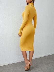 SHEIN PETITE Solid Turtleneck Bodycon Dress - Yellow - View 2