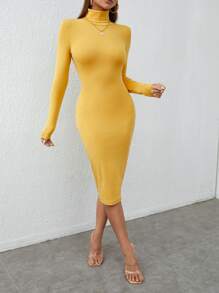 SHEIN PETITE Solid Turtleneck Bodycon Dress - Yellow - View 5